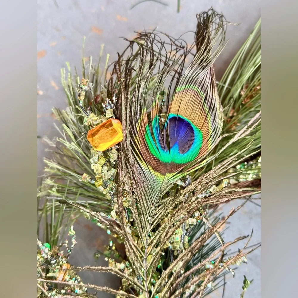 17” PEACOCK FEATHER Maximalist Wreath w Gems & Crystals on Grapevine Ring Base